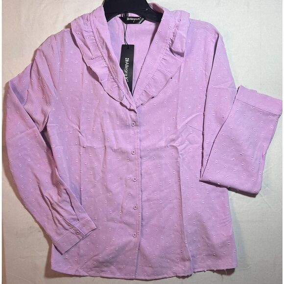 Swiss Dots Long Sleeve Button Front Ruffled Collar Shirt- Allegra K, Lavender S - Picture 6 of 9